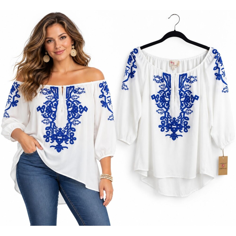 New Cremieux Carmane Peasant Top Blouse Size Small White Blue Embroidered
